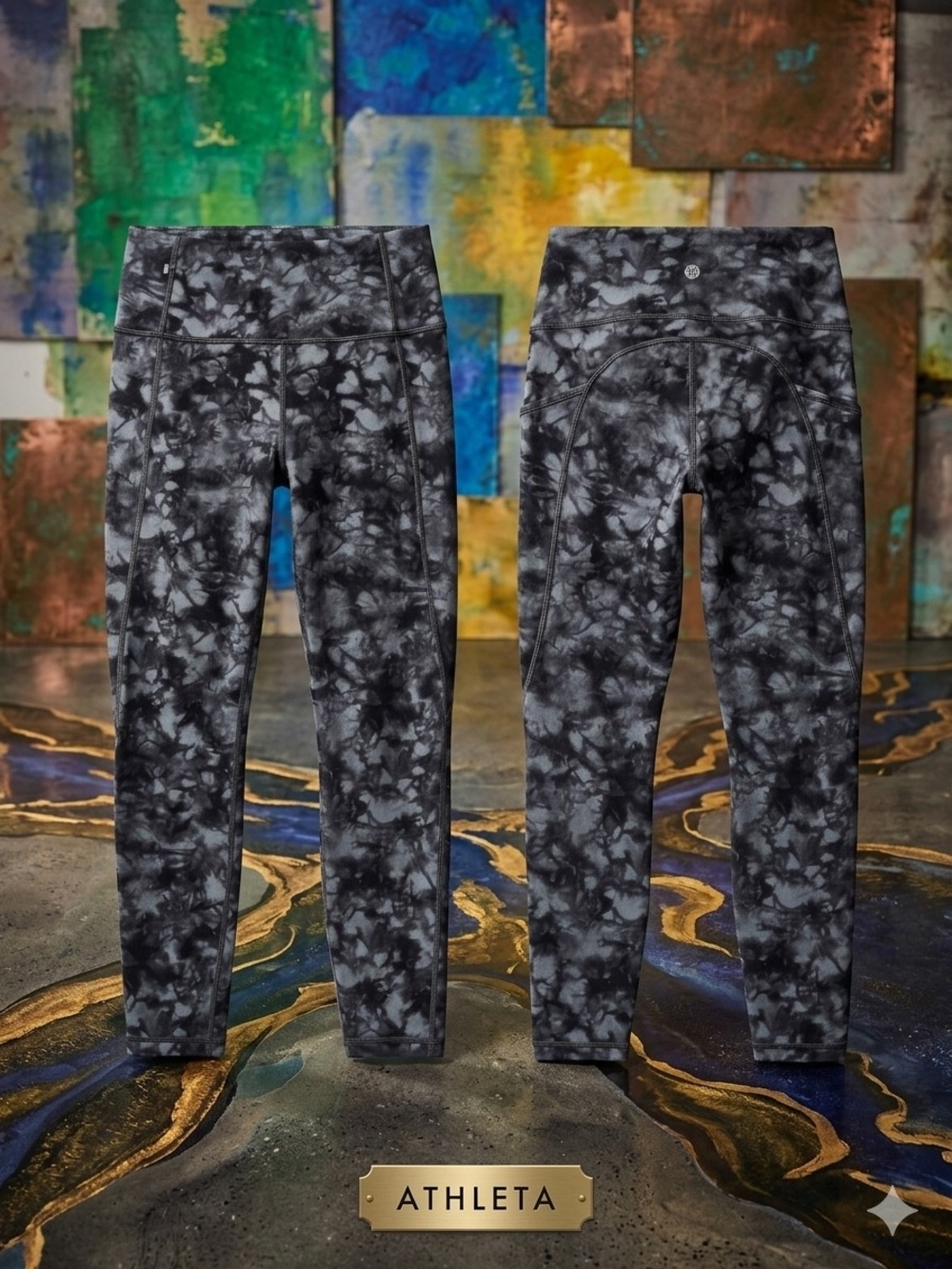 Athleta Black and Gray Tie-Dye Waistband Leggings
